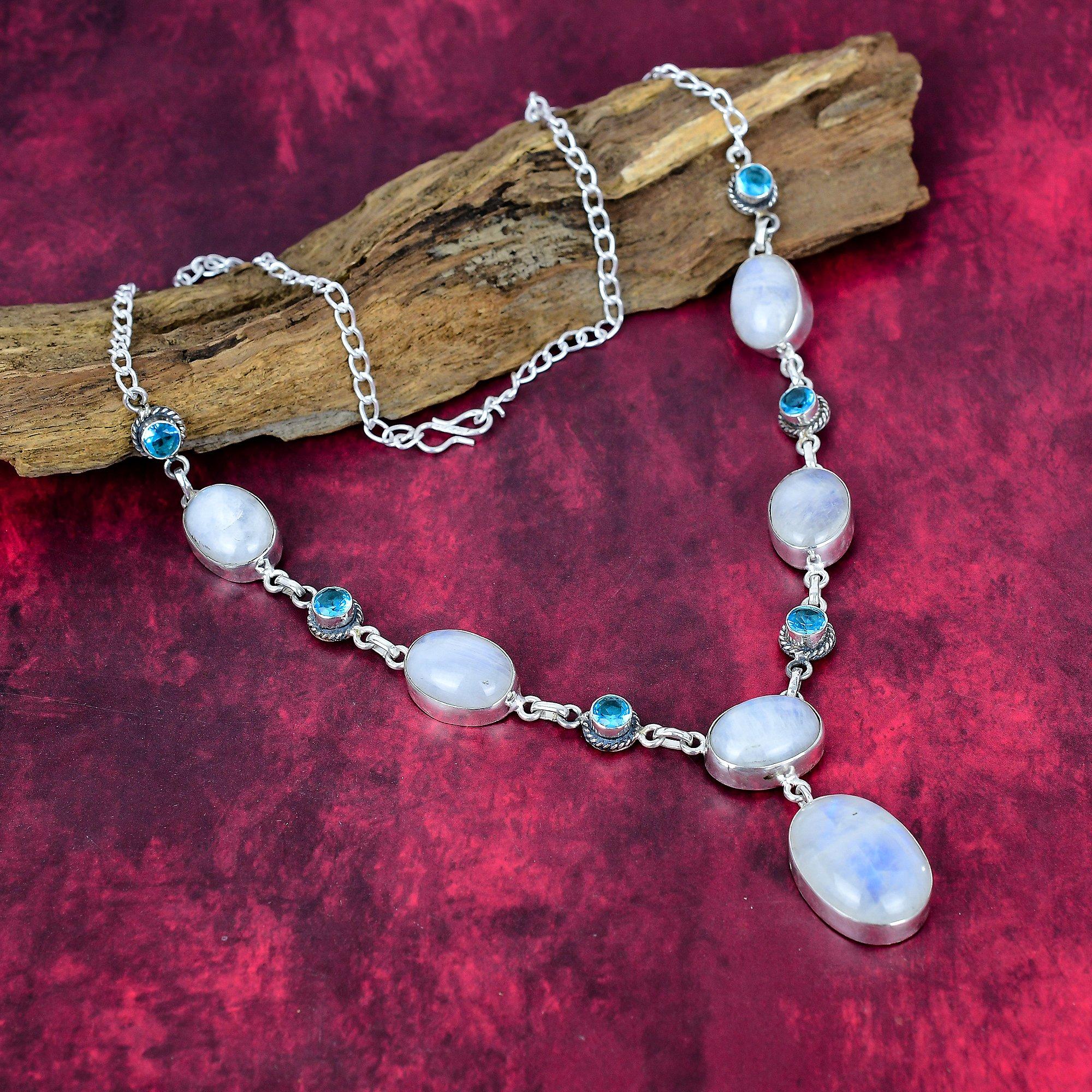 

Ожерелье из лунного камня и голубого топаза, ювелирные изделия с драгоценными камнями, ожерелье из серебра 925 пробы, ювелирные изделия ручной работы, ожерелье с камнем рождения, подарок для него
