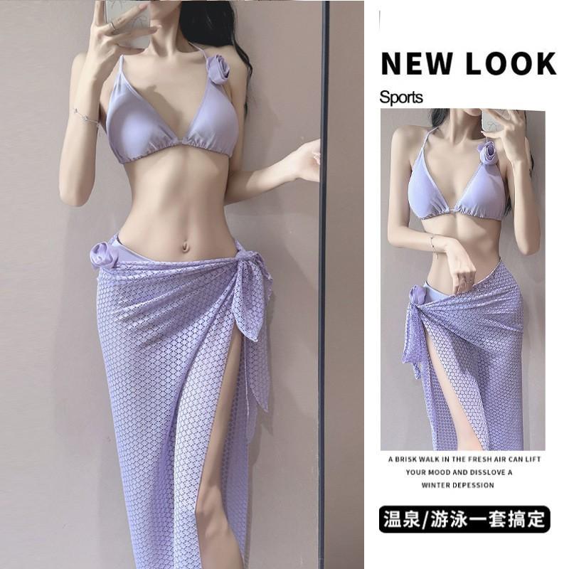 Careful Plan Perspective Style Long-sleeved Integrated Beach Dress Three-piece Bikini Pure Desire Swimsuit Women