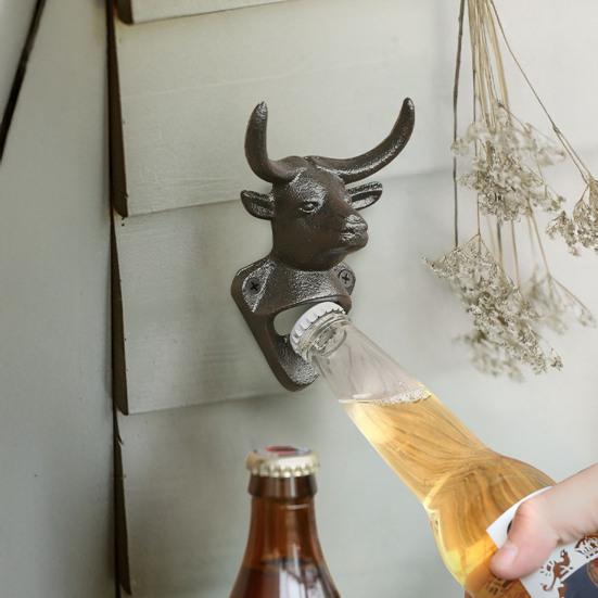 Yousheng Elk Cow Head Bottle Opener, Wall Mounted Beer Cap Remover, Rustic Iron Opener for Home Bar, Industrial Decor