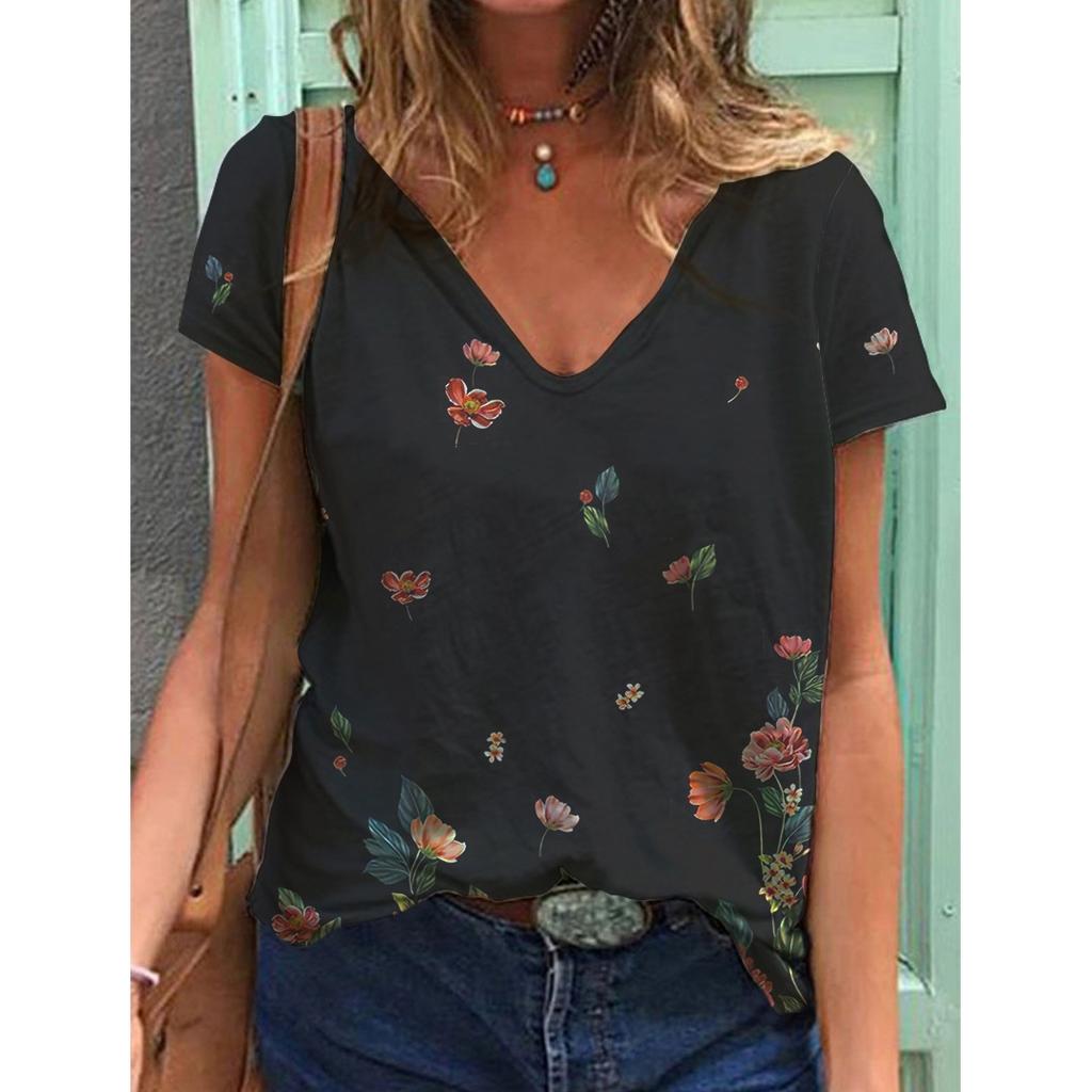New 3D Printed Short Sleeved Women's Summer Casual Flower and Bird Print V-neck T-shirt