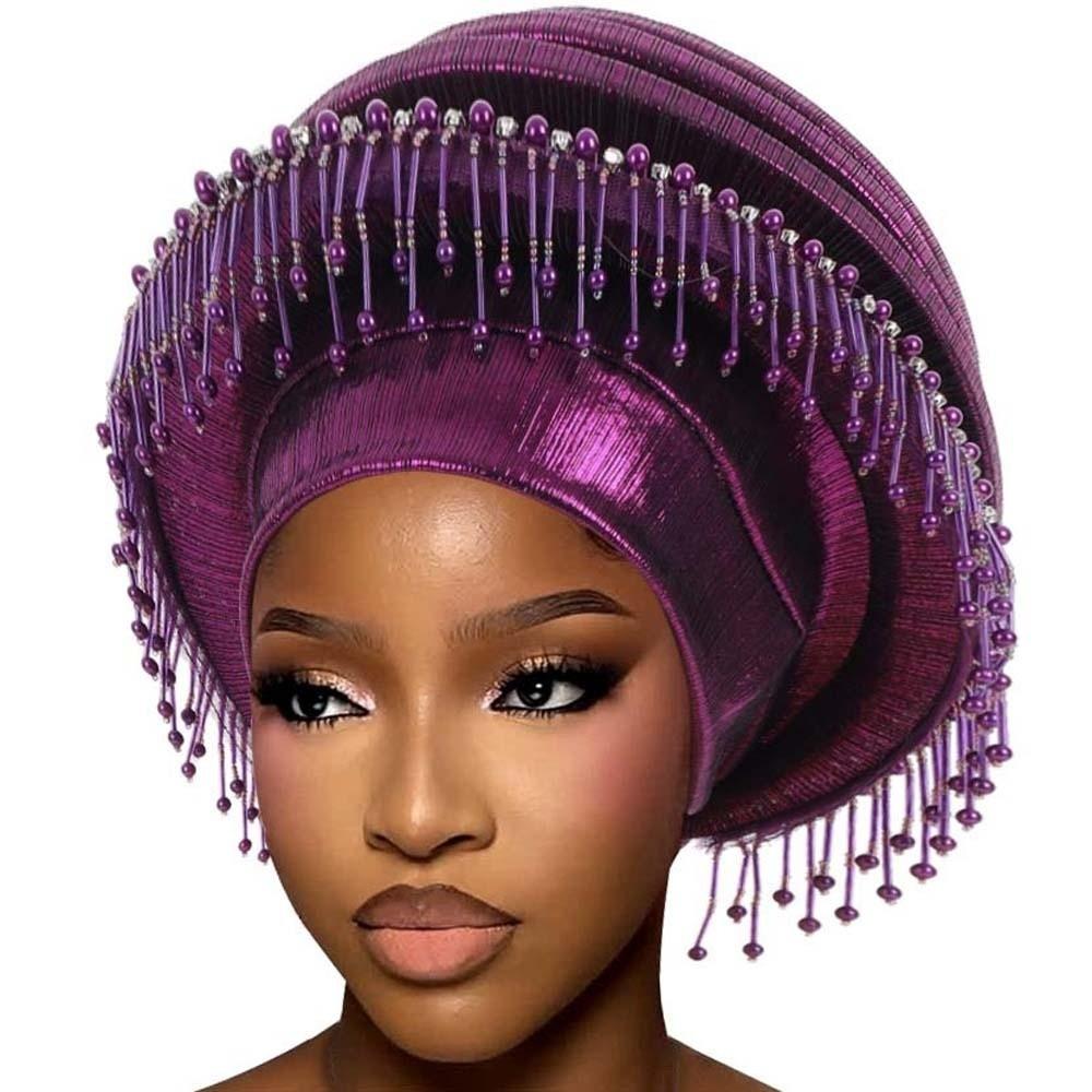 Layered Auto Gele Pre-tied Beaded Headtie Ceremony Headpiece African Turban  Cultural Event фиолетовый