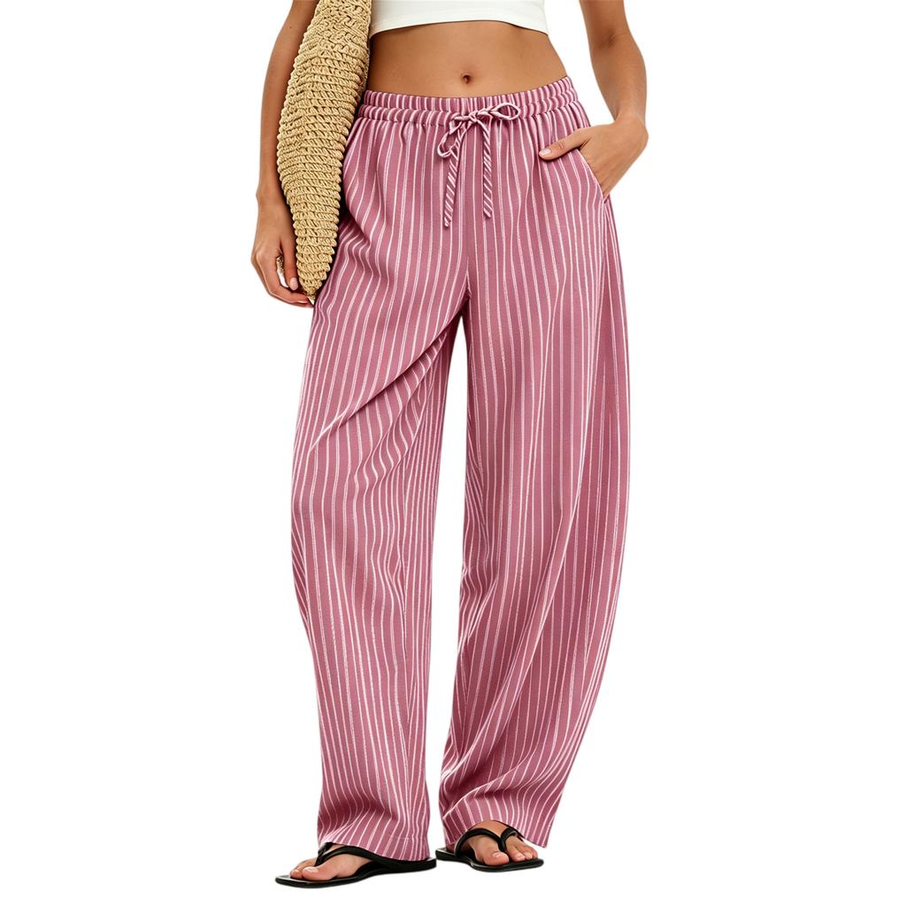 Women's Striped Straight Leg Pants with Side Pockets – Elastic Waistband Loose Fit – Linen Cotton Casual Everyday Pants