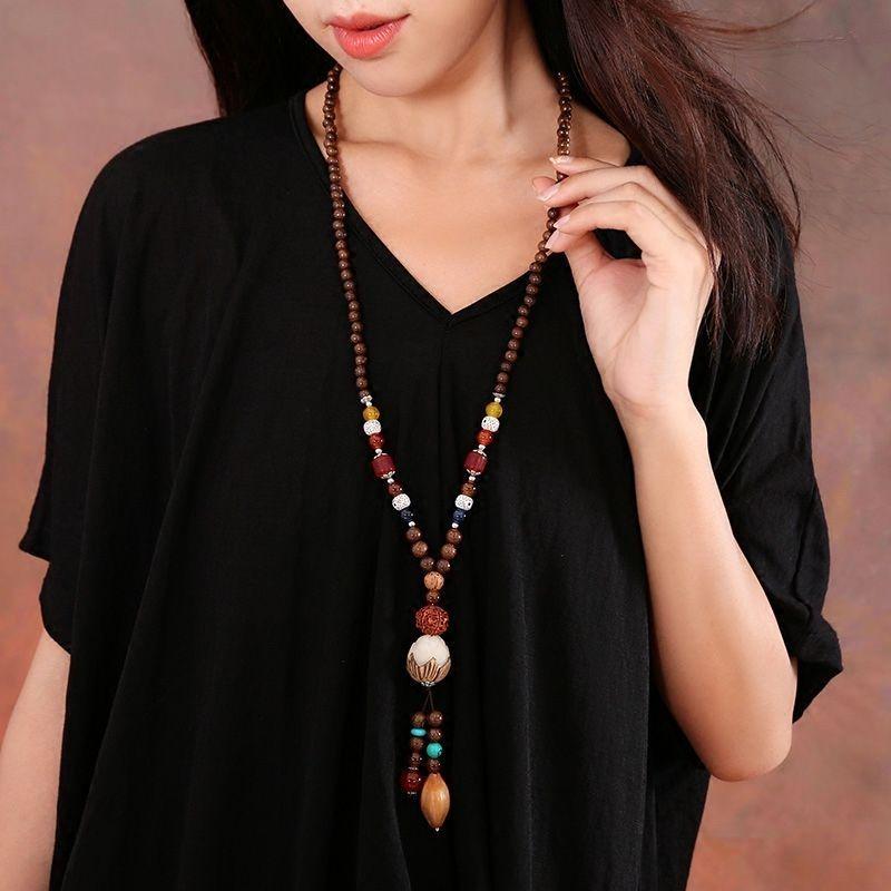 Unisex Retro Ethnic Wooden Necklace Pendant - Versatile Long Sweater Chain and Clothing Accessory