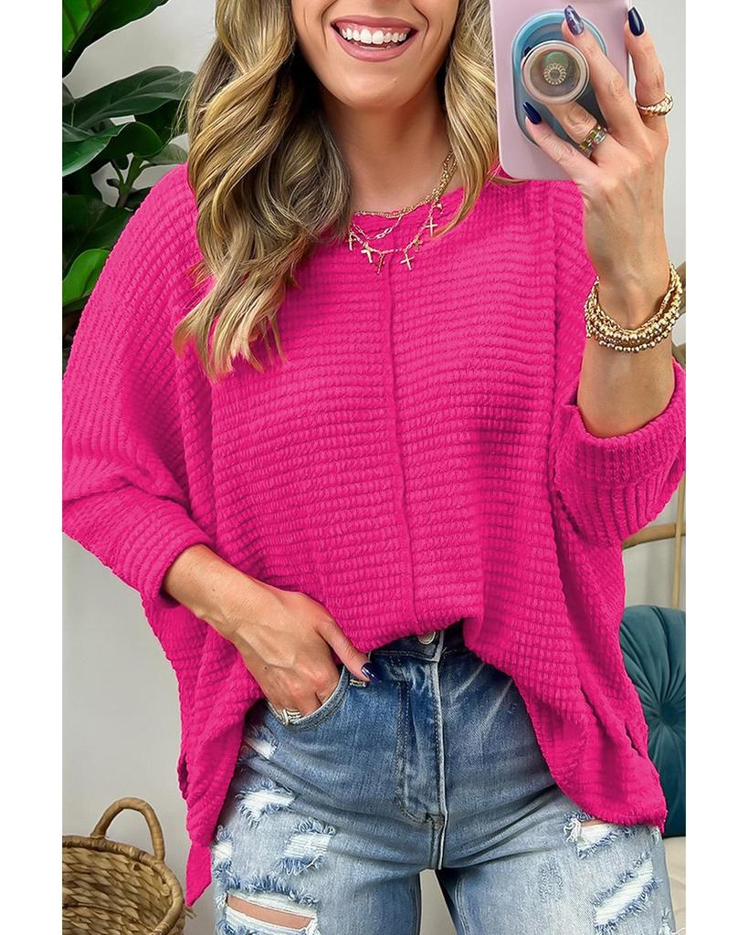 Azura Exchange Rose Red Textured Center Seam Long Sleeve Split Top