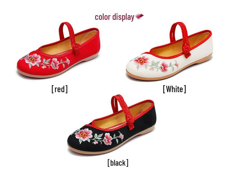 Old Beijing Women's Embroidered Cloth Shoes, Non-Slip Flat Hanfu Style with Beef Tendon Sole