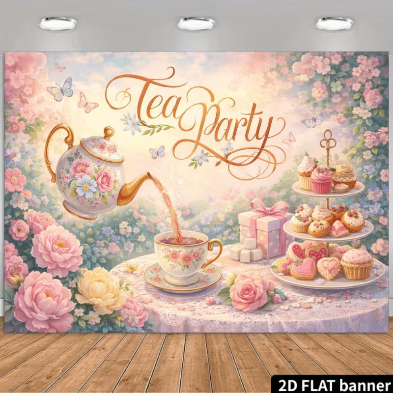 2D Flat Printing Tea Party Backdrop Magical Teapot & Butterfly Party Background 47.2x31.5inch/120*80cm