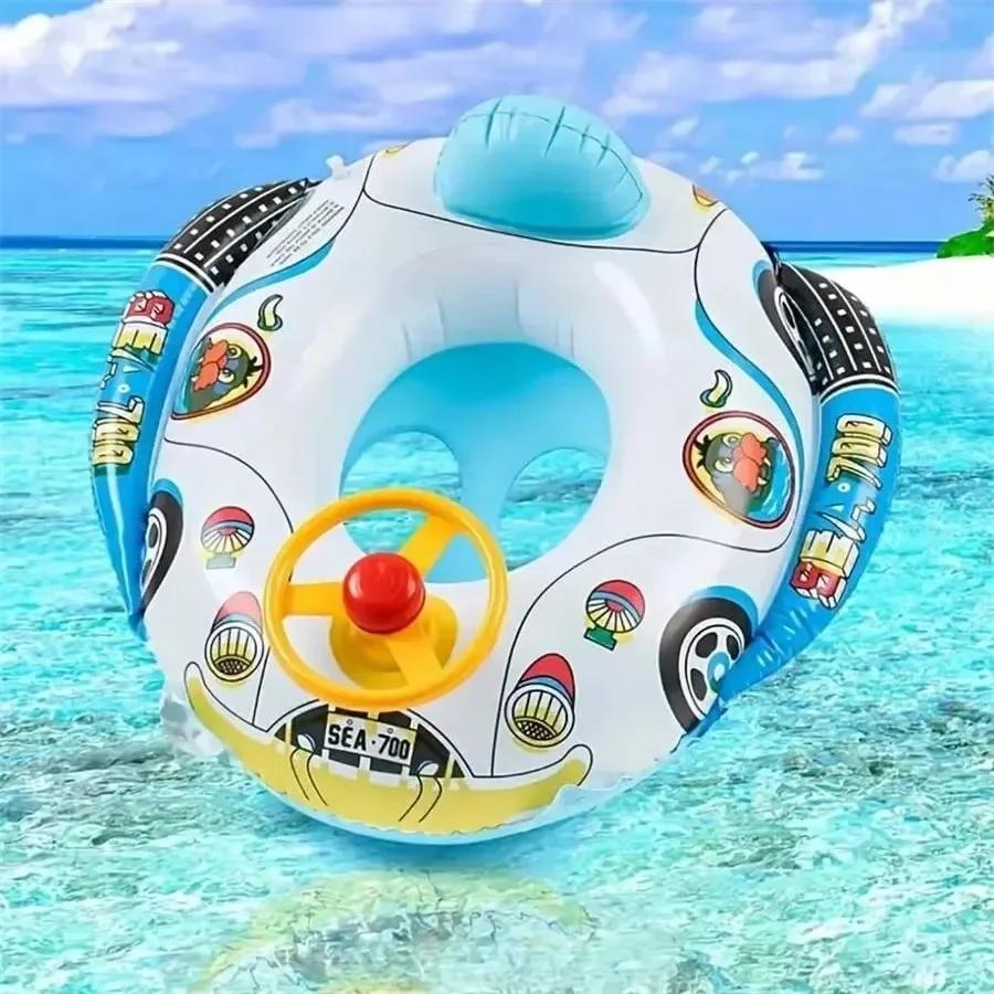 Baby Summer Inflatable Toy Swimming Ring Racing Police Car Pattern Float Seat with Steering Wheel for Pool Inflatable Water Toy
