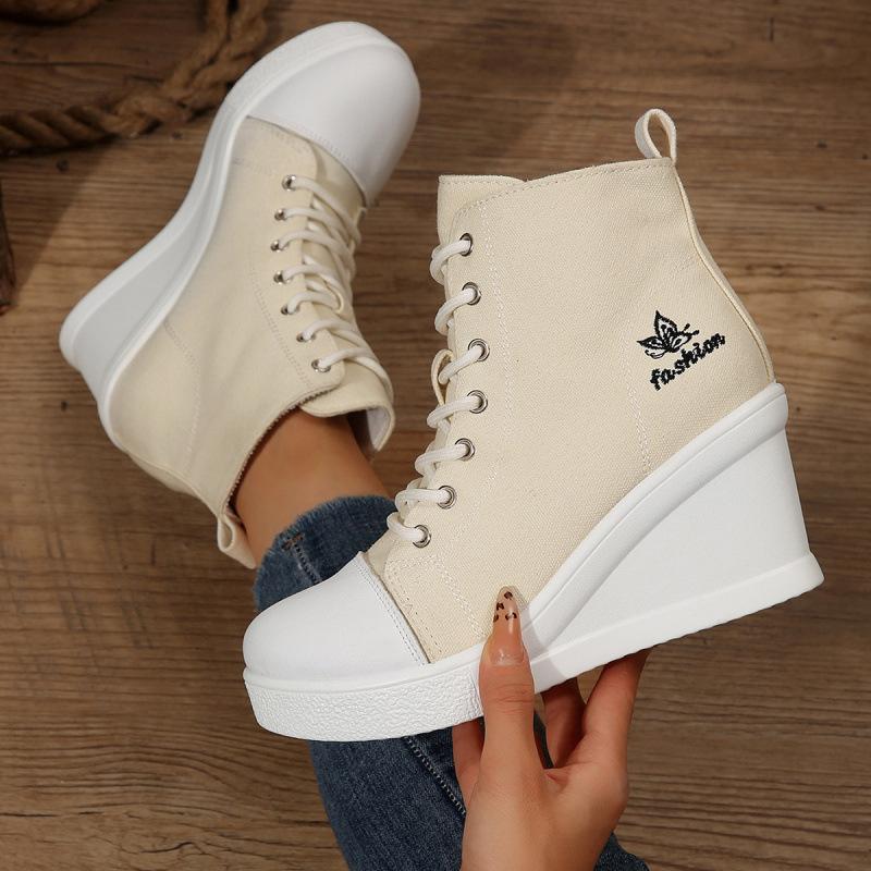 Large size canvas shoes wedge heel lace-up spring new casual high-heeled canvas shoes