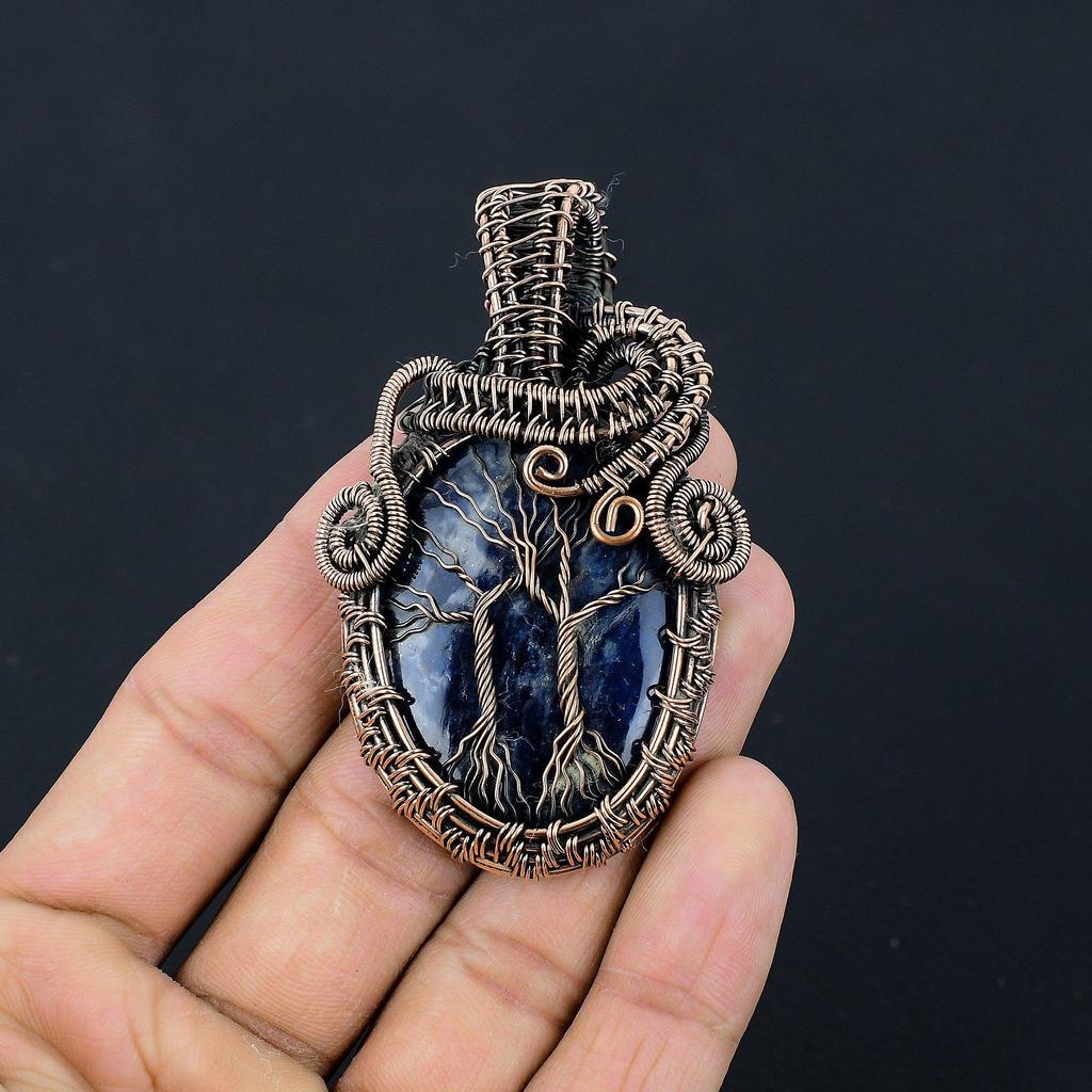 Double Tree of Life Sodalite Pendant, Gemstone 999 Copper Wire Wrapped Jewelry Pendant, Handmade Jewelry Birthstone Pendant, Gift For Him