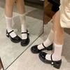 Versatile Round Head Thick Heel British Style Black Retro Small Leather Shoes for Women's New Shallow Mouth French Mary Jane Small Leather Shoe