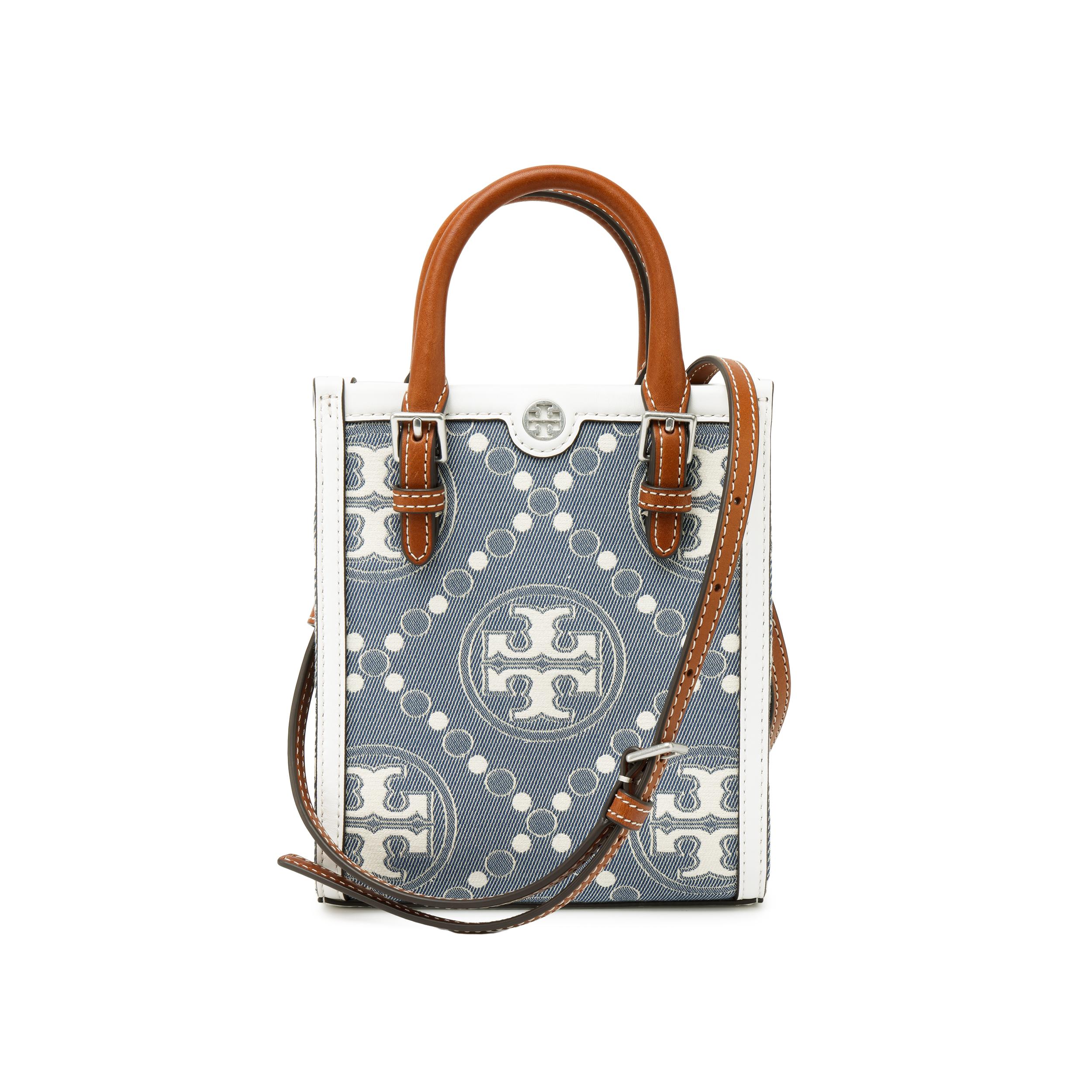 

Tory Burch T Monogram Classic Fashion All Over Print Denim Jacquard And Leather Tote Bag Women tote Pearl-Blue 145511-400 Basic Set (Bag+Dust Bag)