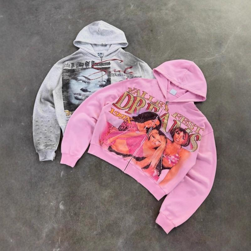 Hooded Cardigan Sweatshirt Long Sleeve Pink Streetwear Winter
