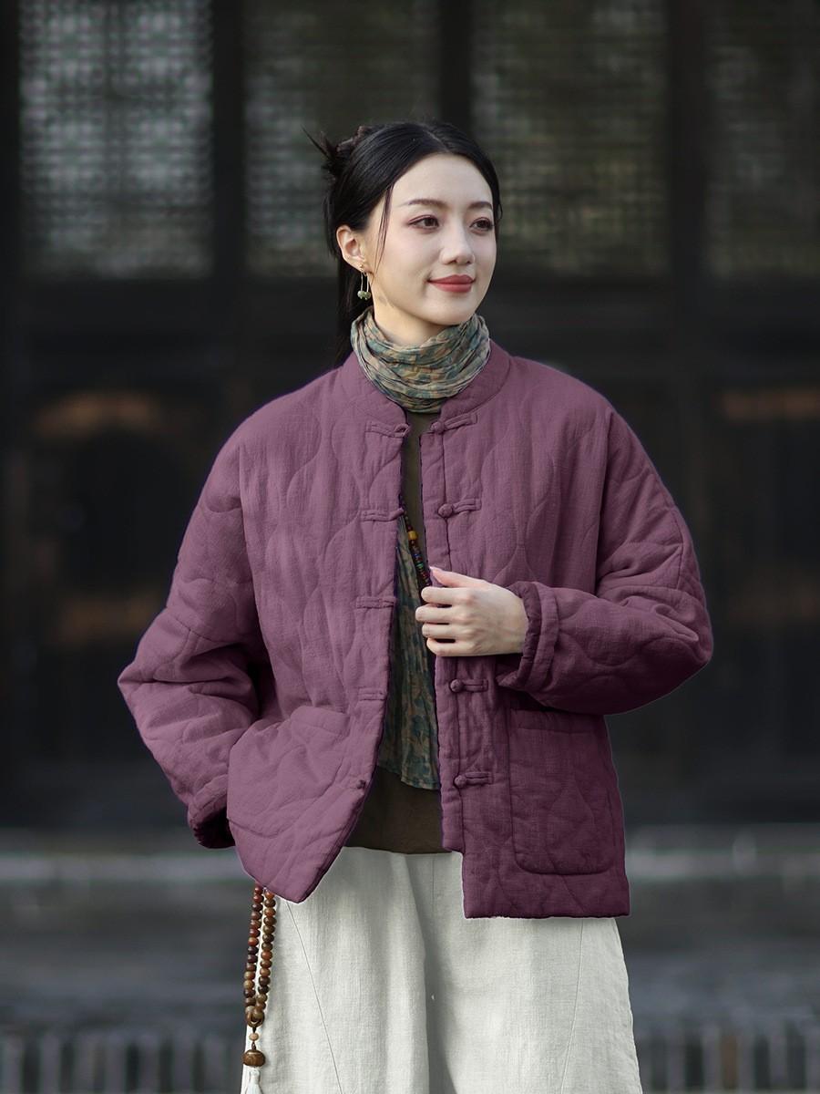

Johnature Women Vintage Stand Long Sleeve Solid Color Coats Winter Button Pockets Chinese Style Coats One Size фіолетовий