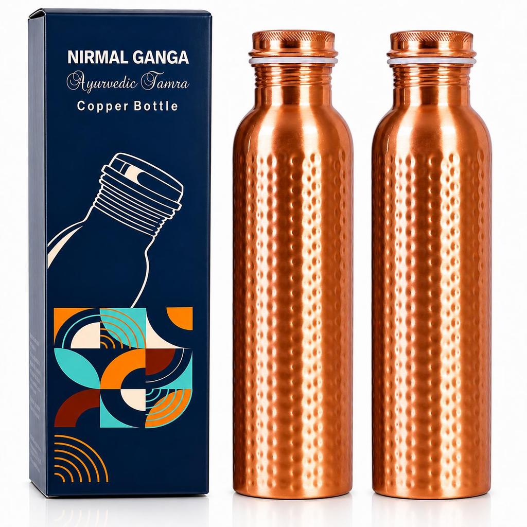Nirmal Ganga Gehamerd Koperen Fles 1L (Pak van 2) | Puur Koperen Waterfles | Handgemaakt Lekvrij Ontwerp