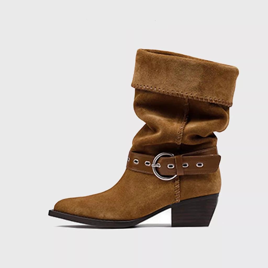 2025 New Retro Thick Heel Western Pile Boots Wide Tube Medium Tube Boots Pointed Belt Buckle Suede Knight Short Boots Women
