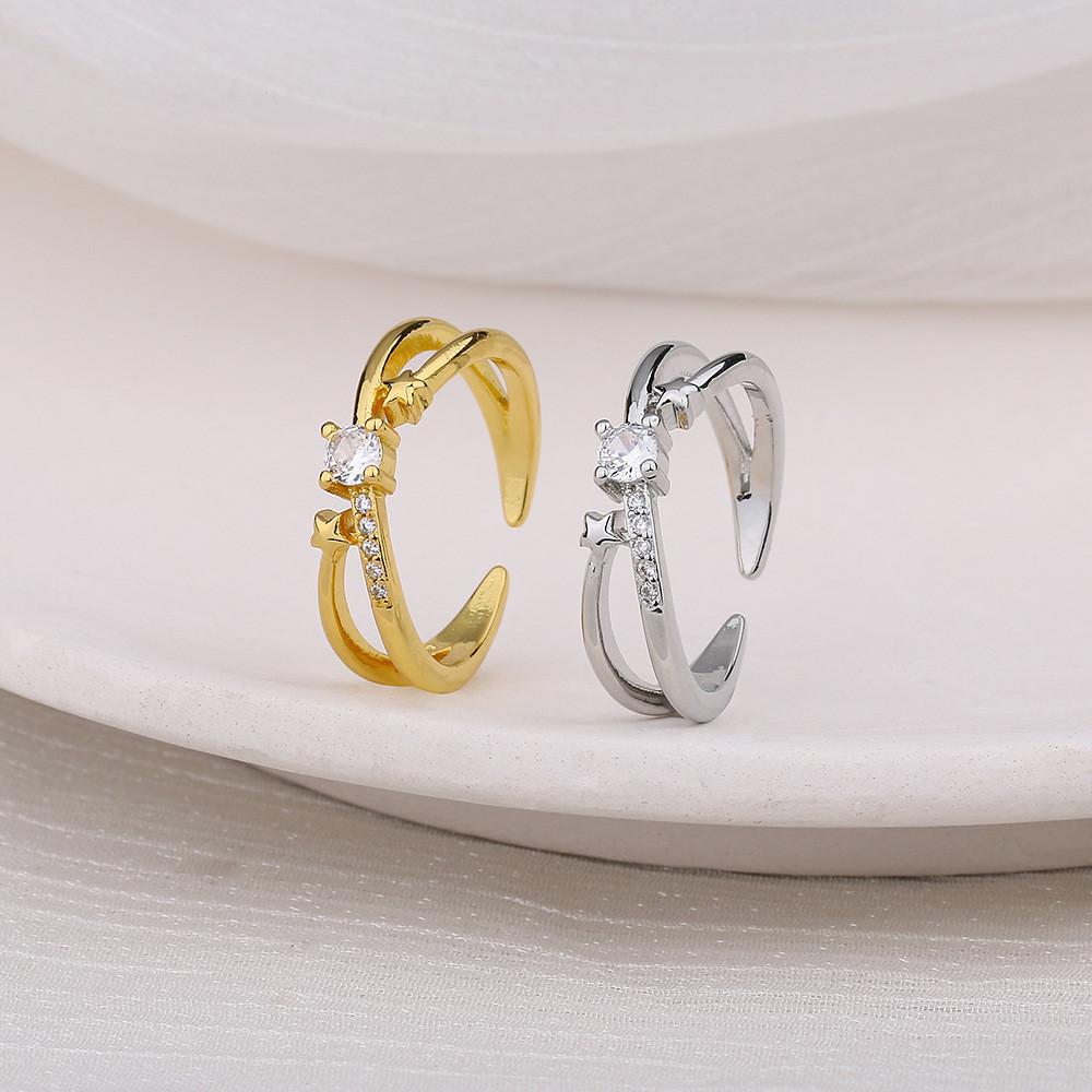 Exquisite Stylish And Copper Geometric Ring With Zircon Crystals Adjustable Opening Style Korean