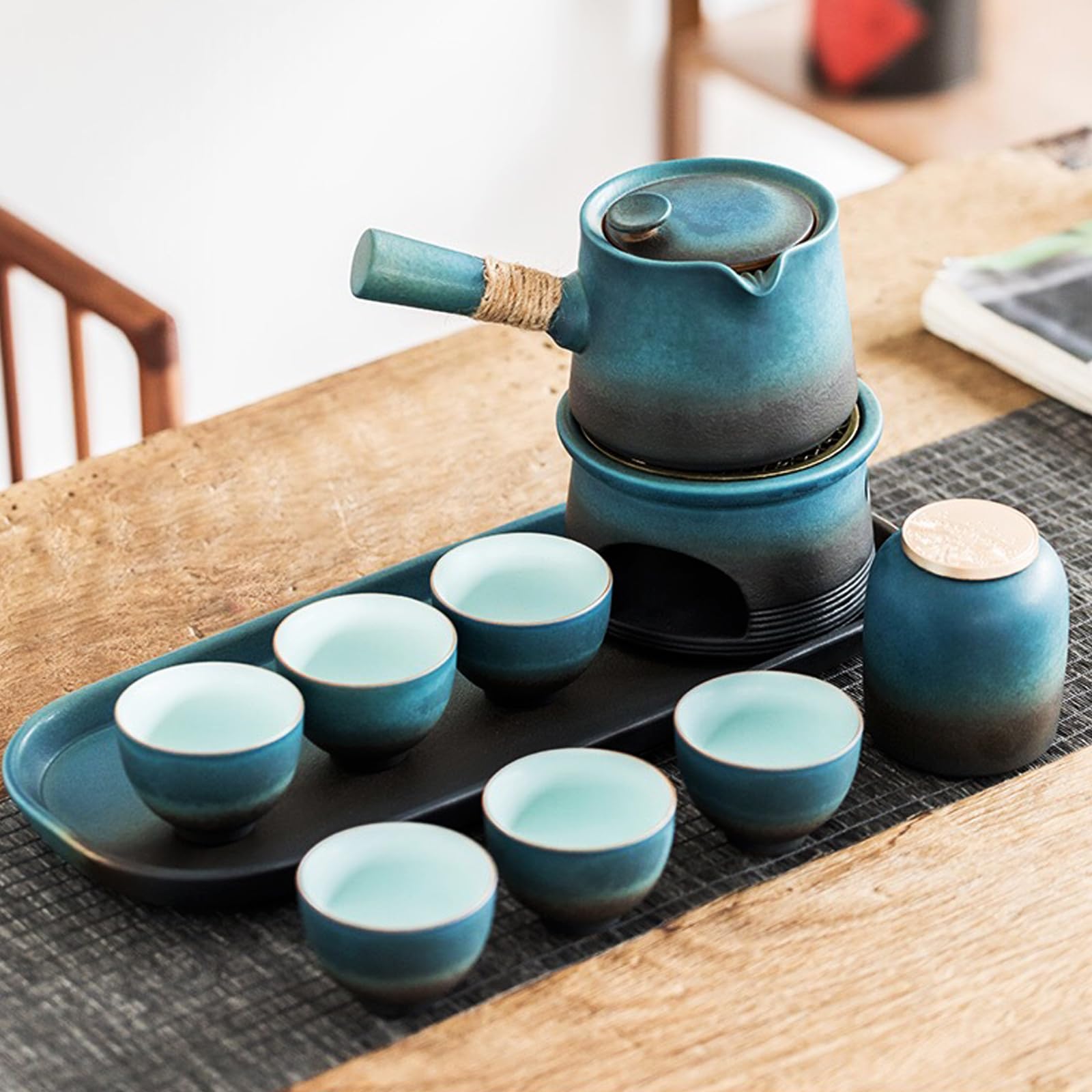 

Набор керамических чайников ручной работы MiniMood с подставкой для свечи, 6 чашек и синим ситечком для чая, идеальный подарок, глазурь печного обжига, термоизоляция, 10 предметов (1 Чайник, Чайные чашки, серый