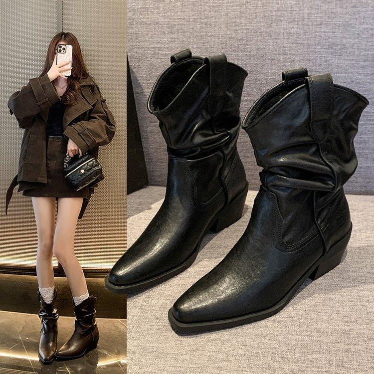 Cowhide version~ Zhao Ruth has the same pointed pile boots, short boots, high-heeled retro western knight boots, V-mouth medium boots.