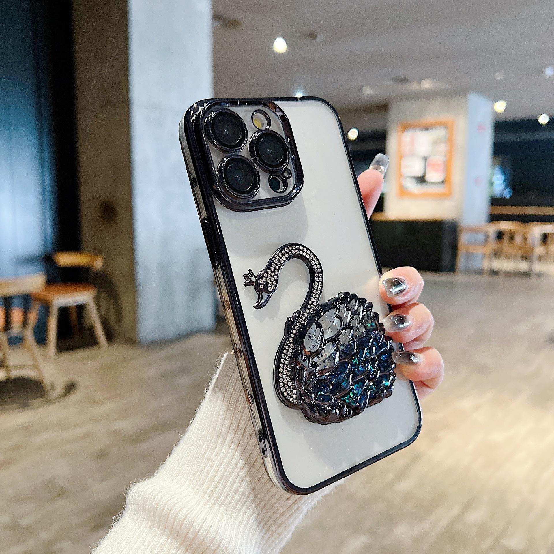 

For IPhone16 Electroplating 3D Flowing Sand Swan for Apple 15promax Phone Case Gradient Flash Powder 13 Soft Set For Apple 11