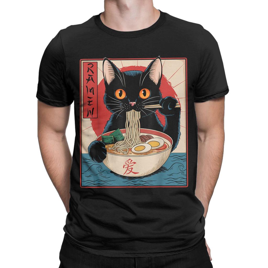 Men Japanese Black Cat Ramen T Shirt Kawaii Noodle Cat Cotton Clothes Humor Short Sleeve Round Collar Tees Gift Idea T-Shirt