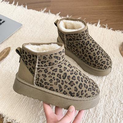 Damen Schneestiefel Winter Warm Plüsch Dicksohlen 2024 Heißer Verkauf Neue Mittlere Ferse Wasserdicht Leopard Casual Bequeme Stiefel