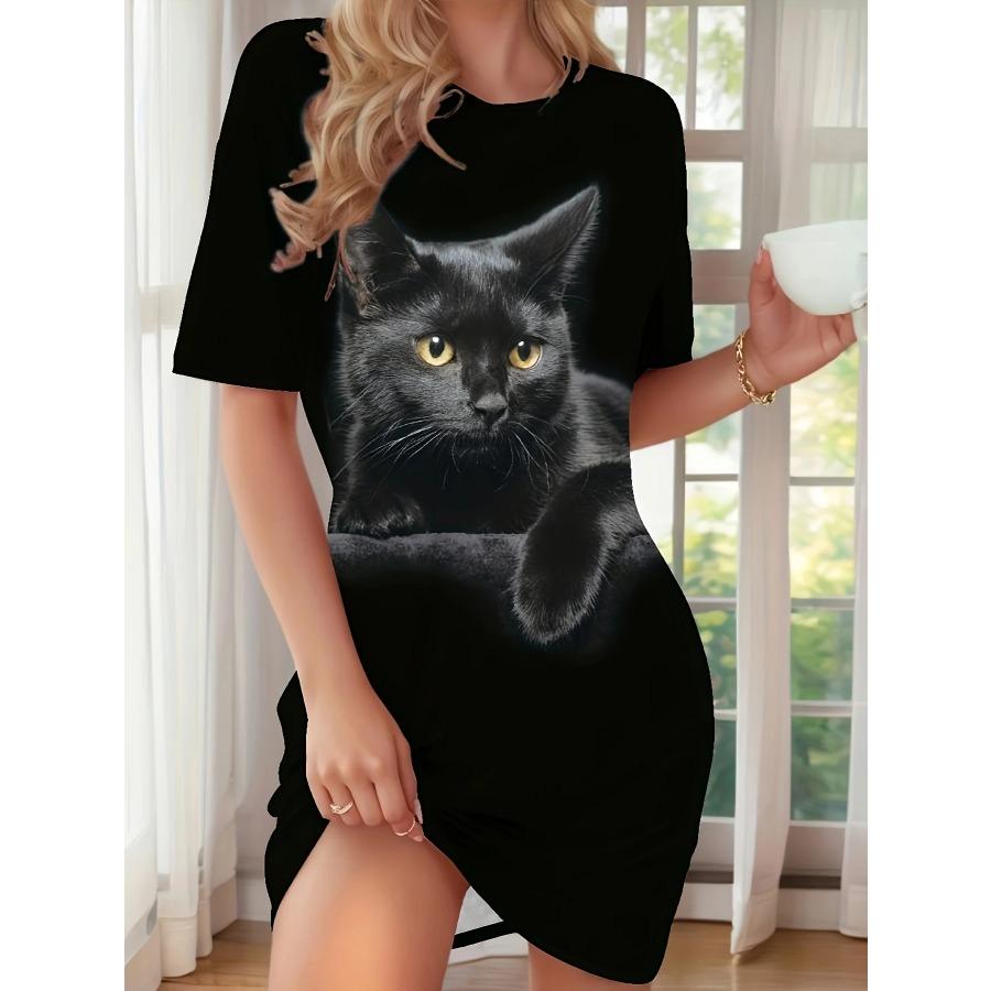 Women'S Elegant Black Cat Print Nightgown Dresses Soft Round Neck Sleep Dress All-Season Y2k Ladies Clothes Women's Clothing Top