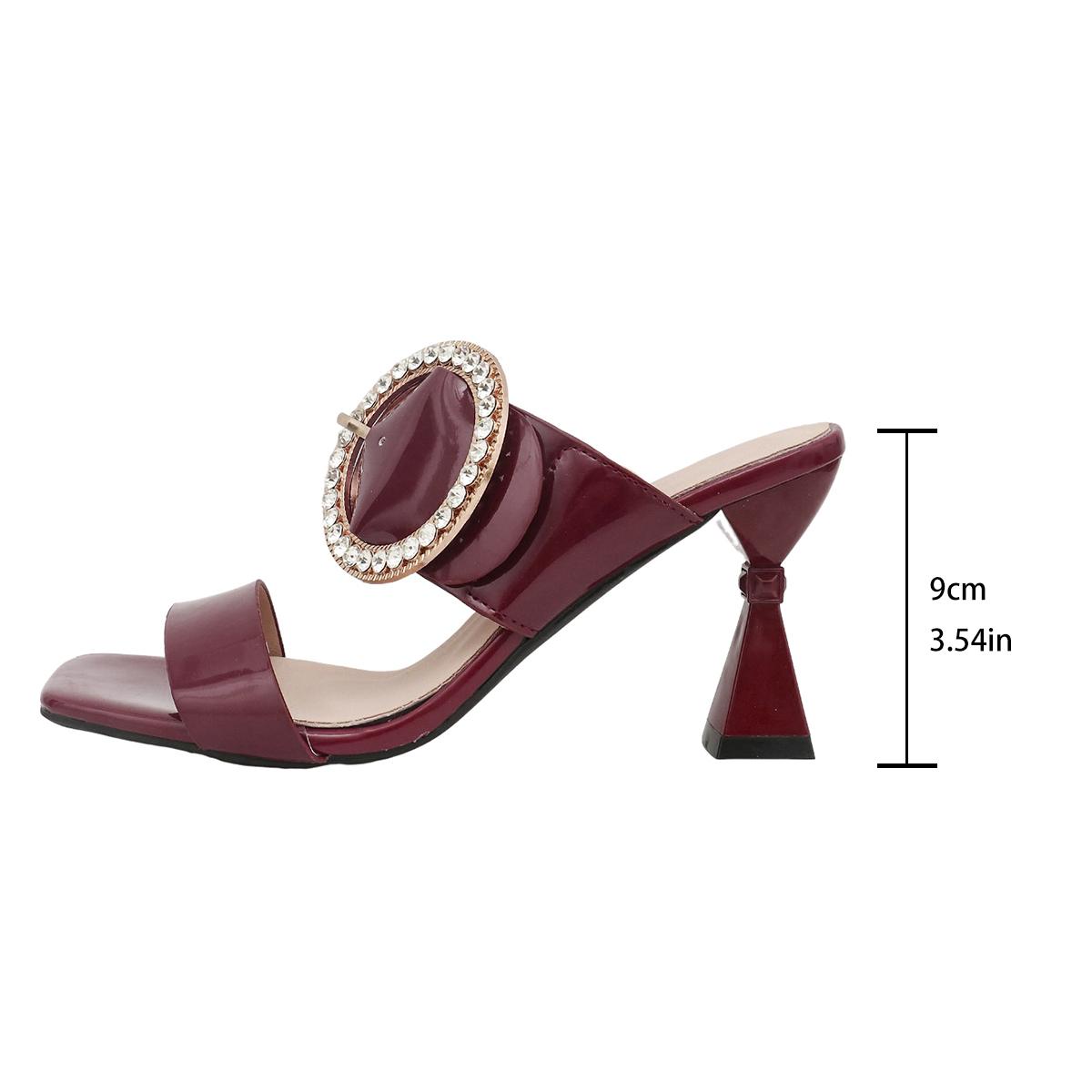 

Fashion Patent Leather Crystal Buckle Mule Sandals Woman High Heel Square Toe Rhinestone Slide Ladies Fashion Bling Party Shoe Big Size 42 вино красного