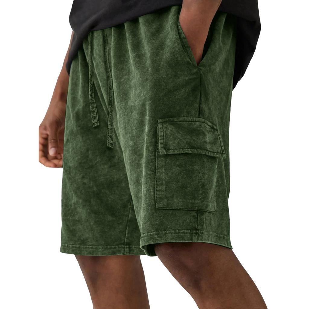 Men's Casual And Fashionable Water-washed Cotton Loose-fitting Shorts - Men's Multi-pocket Workwear Drawstring Shorts