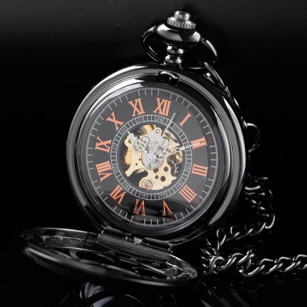 Intricate Flower Skeleton Mechanical Pocket Watch Vintage Men Roman Numerals Gothic Clock Unisex Charm Pocket Fob Watches Gifts
