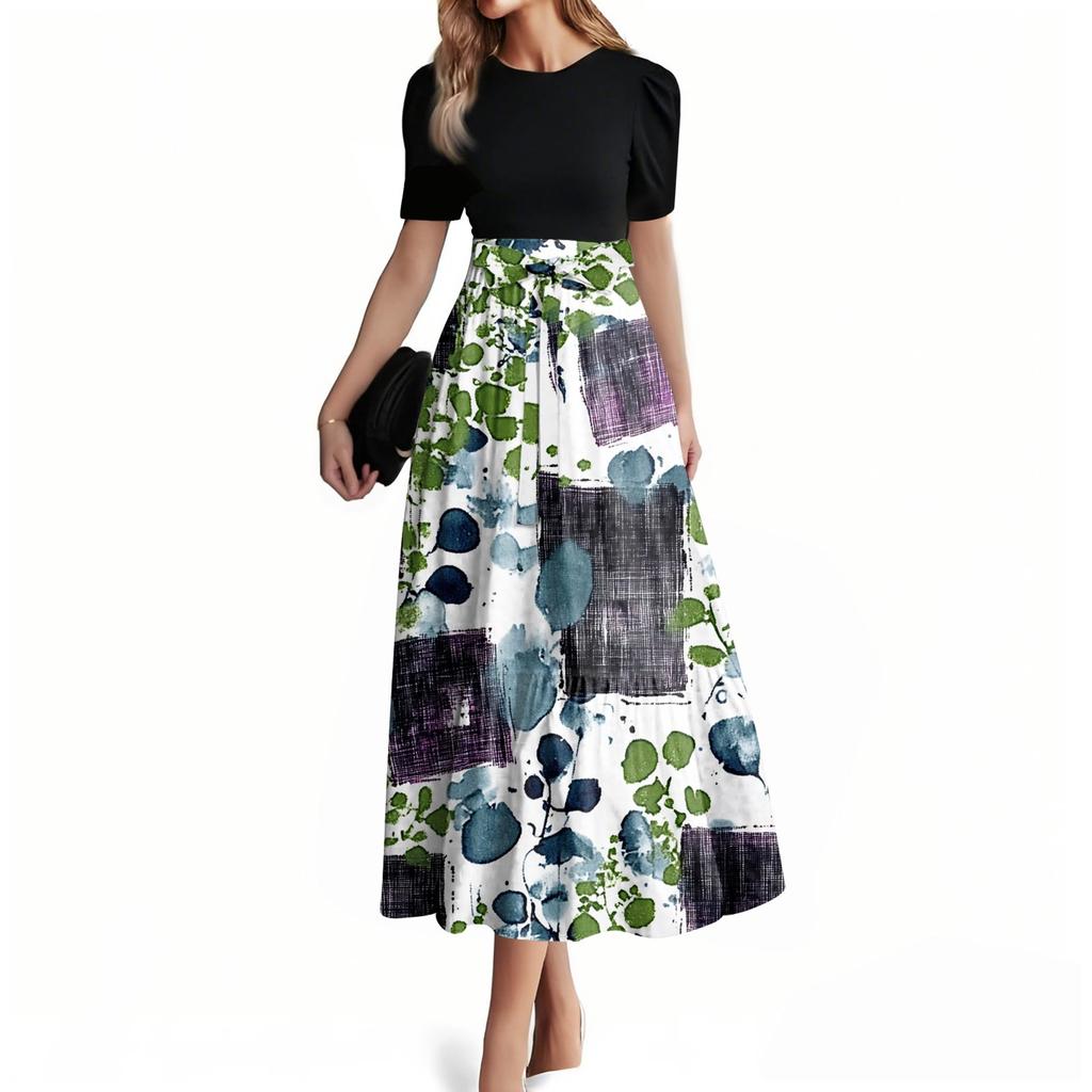 Dame Mote Casual Belte Kortermet Rund Hals Søm Elegant Temperament Kjole