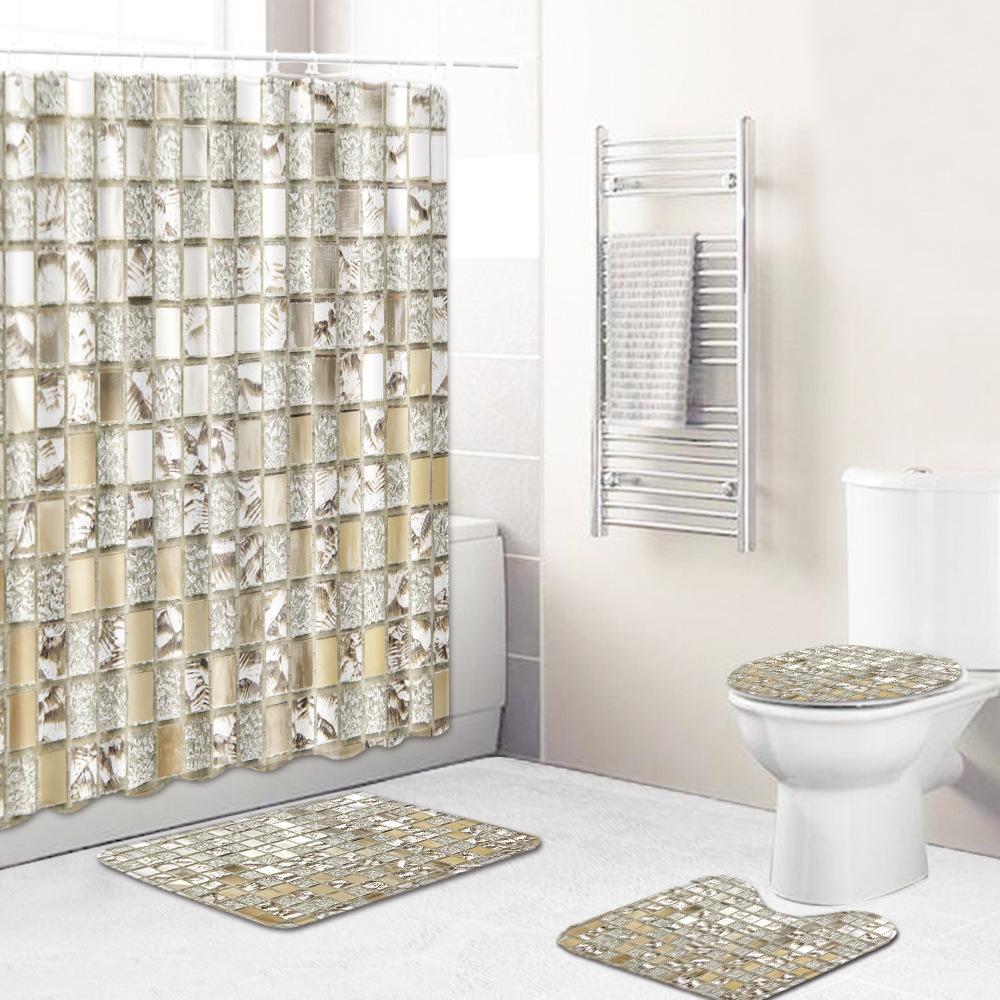 Retro Geometric Bathroom Four-Piece Waterproof Shower Curtain Bedroom Non-Slip Carpet Floor Mat Door Mat