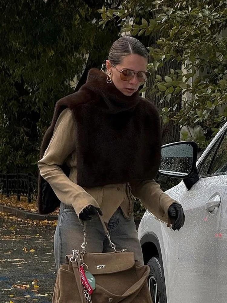 Autumn/Winter Mink Fur High Collar Sleeveless Vest Shawl