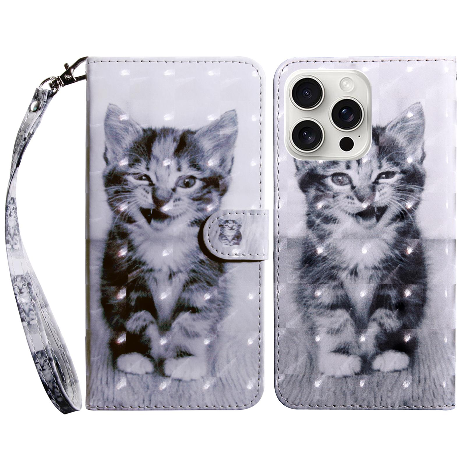

For iPhone 16 Pro Case Stand Pattern Printing Leather Phone Cover Cat