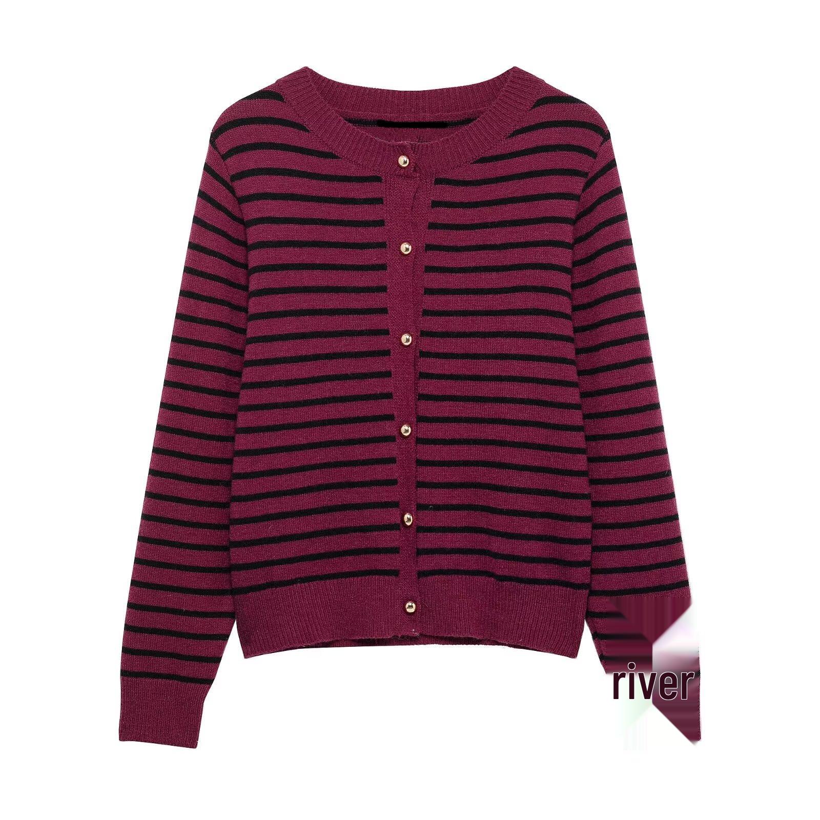 

Весенний женский мягкий полосатый вязаный кардиган 2025 Large темно-красного