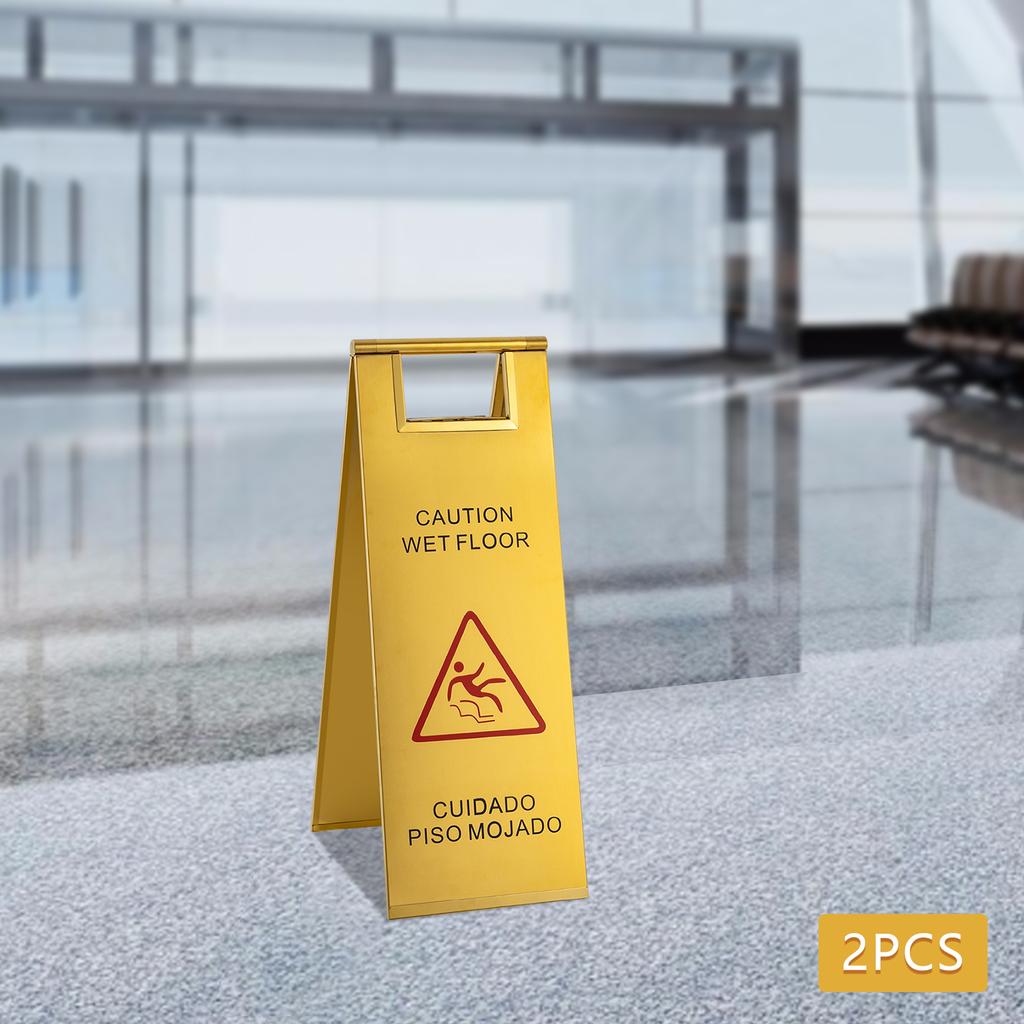 2pcs 24In Stainless Steel Floor Slip Warning Signs, Gold Foldable A-shaped Wet Floor Identification for Schools & Shopping Malls
