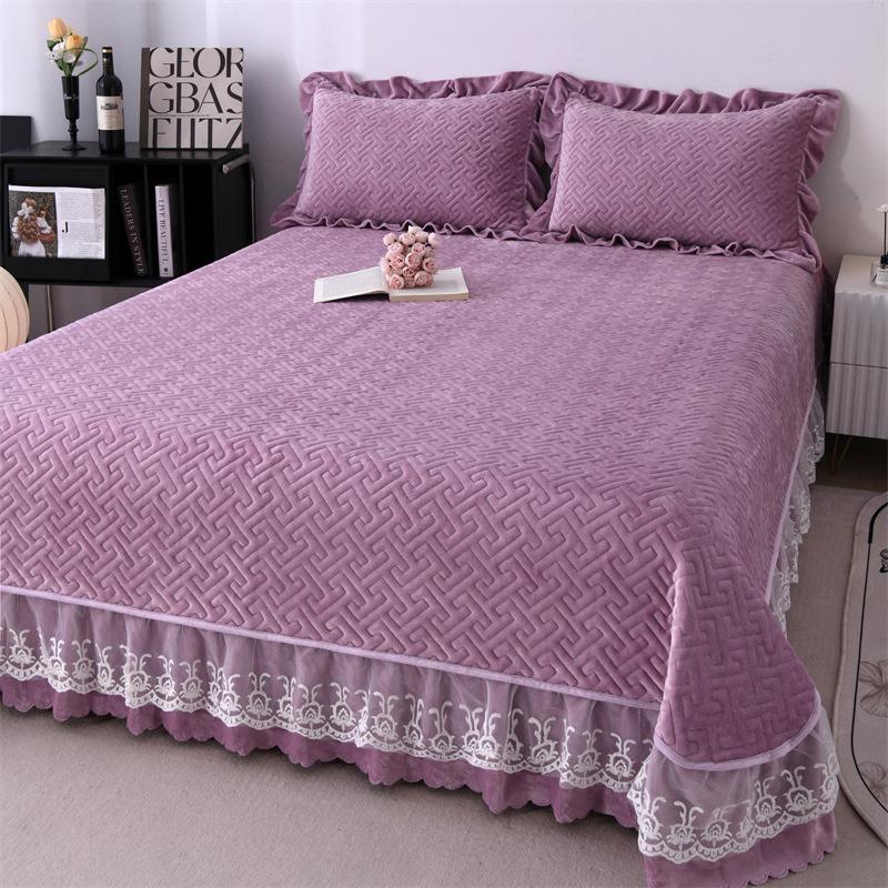 5.5Kg Solid Color Super Soft Thickened Milk Lace Bed Cover Four-Piece 1.8M Bed Cover