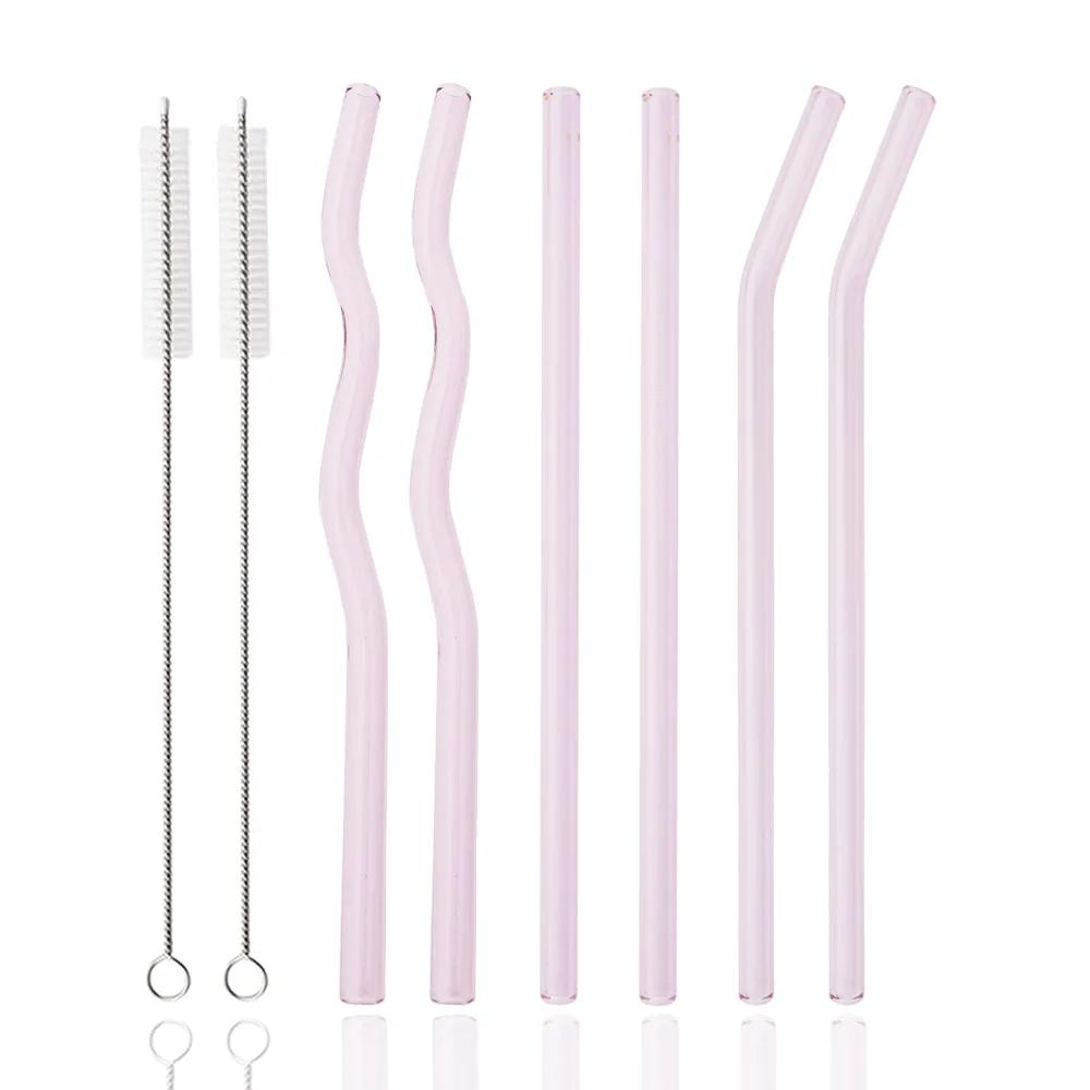 8Pcs 200*8mm Glass Straws Wavy Pink Drinking Straw Set with Brush High Borosilicate Glass Straw Kitchen Party Bar Drinkware