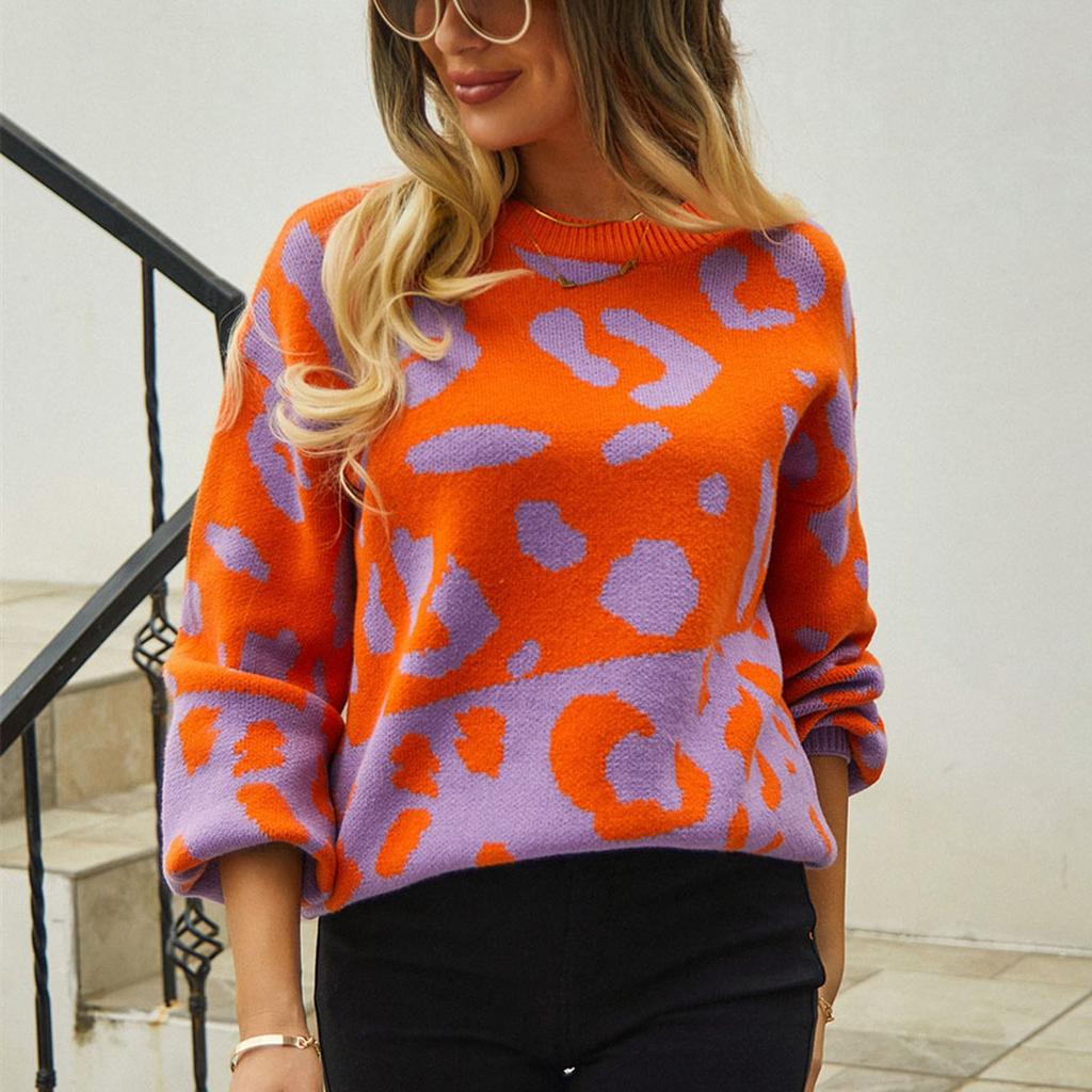 Damen Pullover Leopardendruck Colorblock Rundhalsausschnitt Langarm Locker gestrickter Pullover