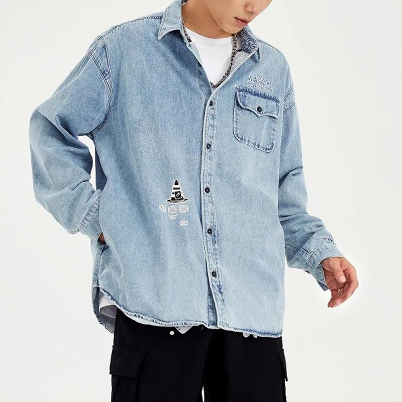 Li-Ning Skateboard Series Logo Embroidered Washed Denim Shirt Men Tops Light-Blue ASHS011-1