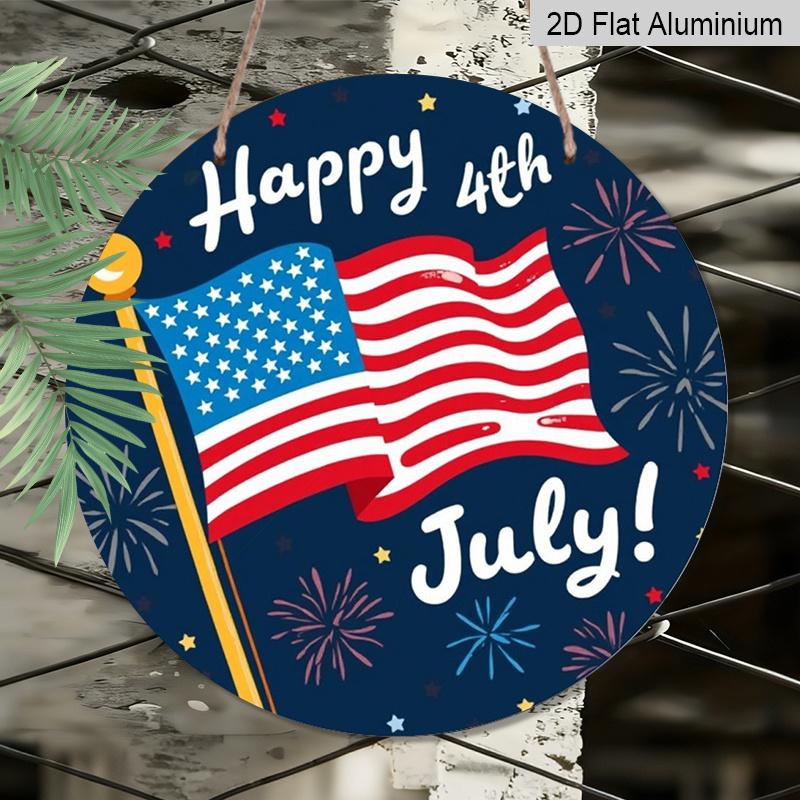 2D Flat 1pc, 8x8 In, Happy Fourth of July Round Aluminum Metal Sign, Fireworks & Stars Design, Inspired Wall Art for Living Room, Bedroom, Porch