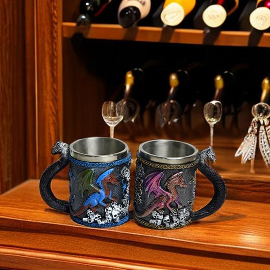 Cup Mug 420ml Large Capacity Dragon-Shaped Coffee Mug with 304 Stainless Steel Inner Tank Resin Exterior Medieval Themed Drinkware