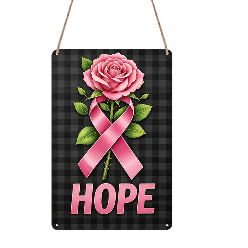2D Flat, 1pc Breast Cancer Aluminum Sign, HOPE Pink Rose Pink Ribbon Decorative Sign & Plaque, Breast Cancer Awareness Month Decor, Community Women