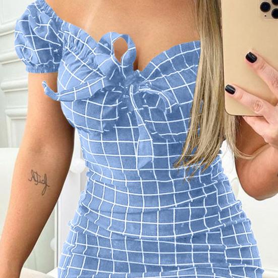 Robe Mini Slim Décor Nœud Papillon Doux Imprimé Carreaux Épaules Dénudées Robe Bodycon Vêtements Féminins