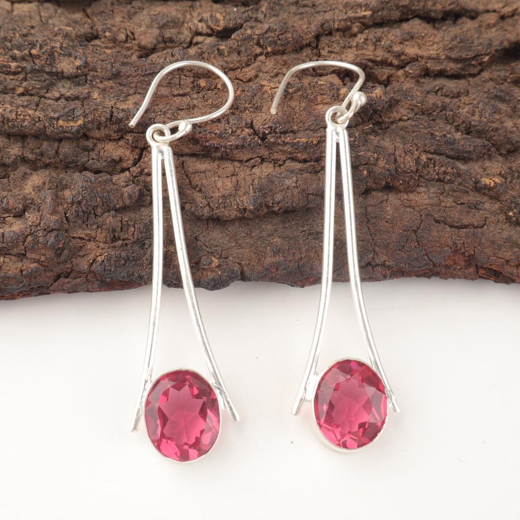 Oval Pink Tourmaline Gemstone 925 Sterling Silver Drop Dangle Earrings Jewelry EE-136-15