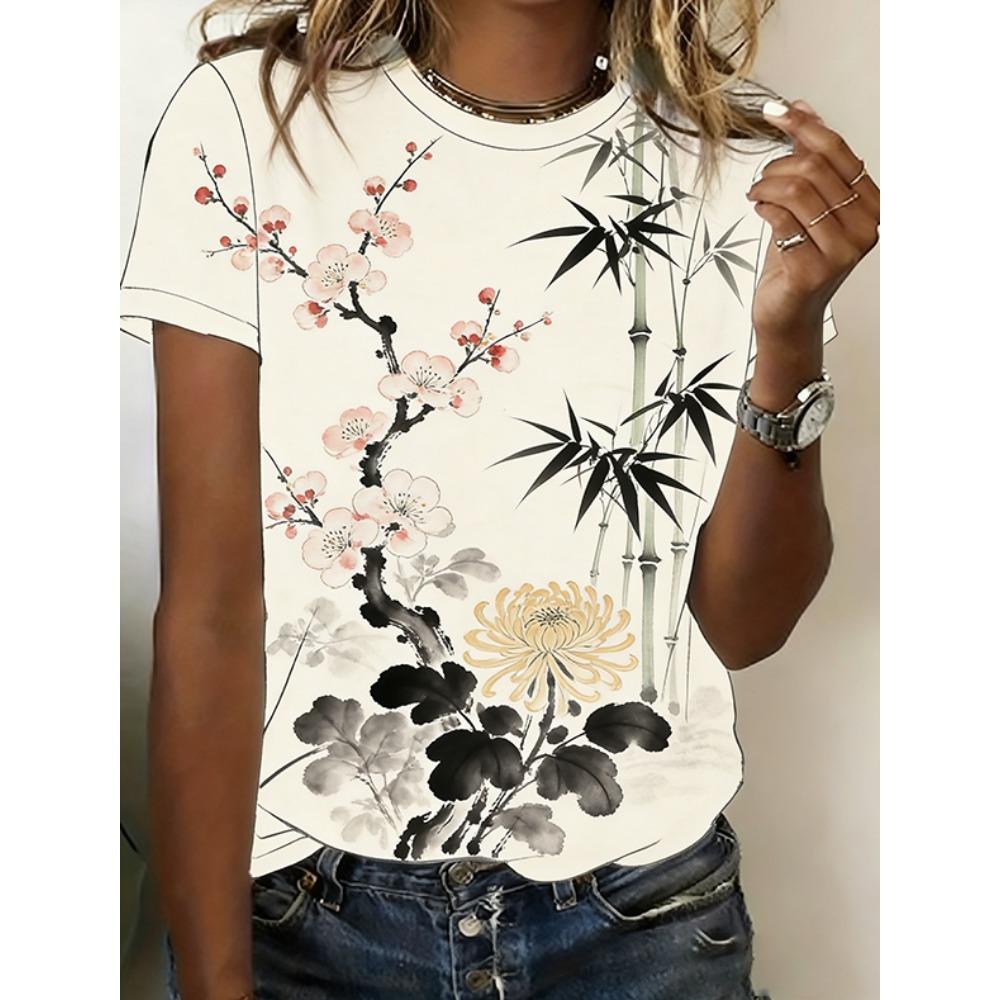 

3D Printed Flower Landscape Fashion Top Round Neck T-shirt XL
