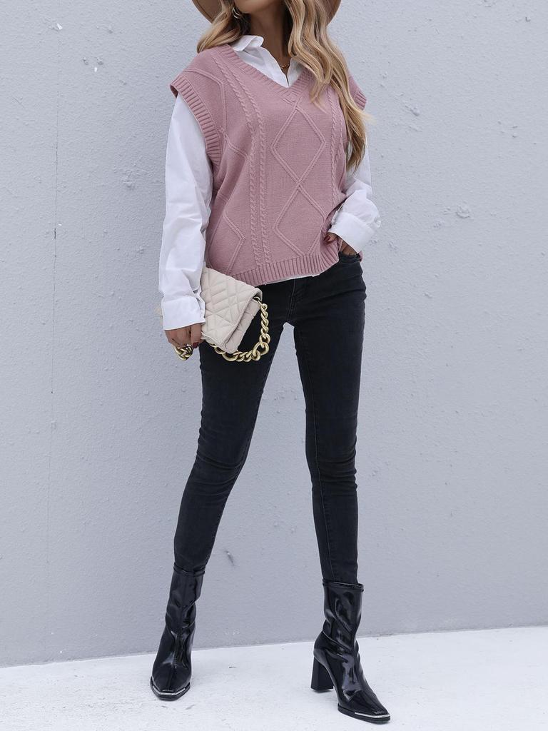 Korean Style Women's V-neck Cable Knit Pullover Vest - Early Autumn 2026 Collection