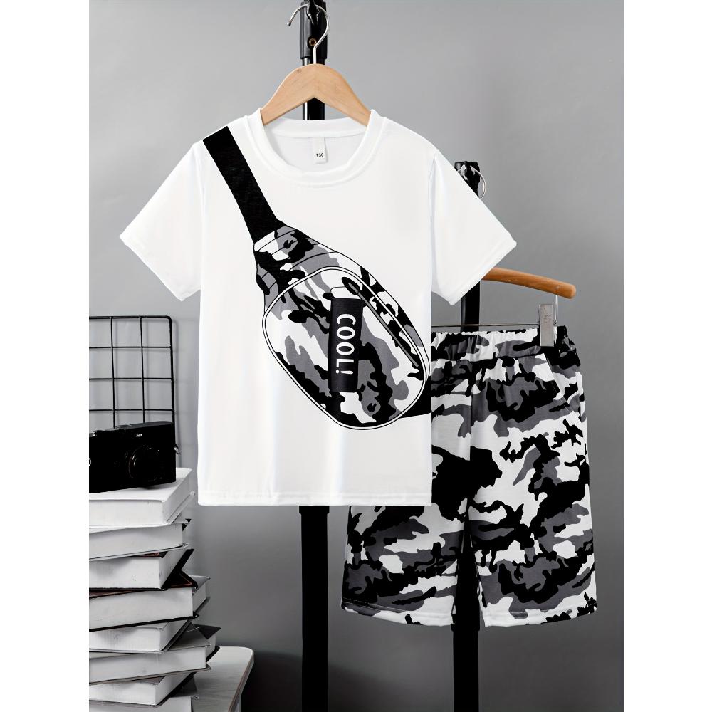 

Two Boys Casual Camo Bag Print Short Sleeve T-shirt and Camo Shorts Set for Comfortable Summer Boys Clothing 110
