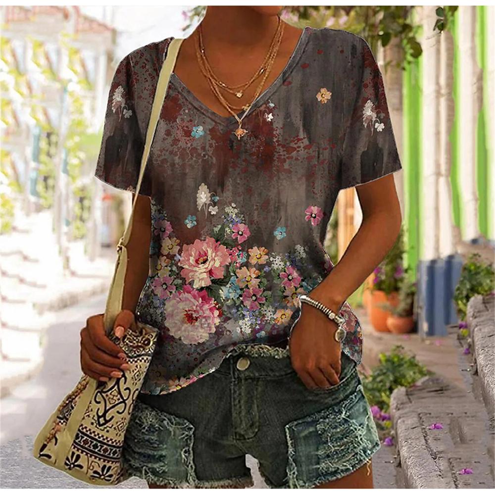 Flower Floral 3D Print T-Shirts Women Streetwear Summer Harajuku T Shirt Y2k Tops V-Neck Tees Woman Female Oversized Clothing