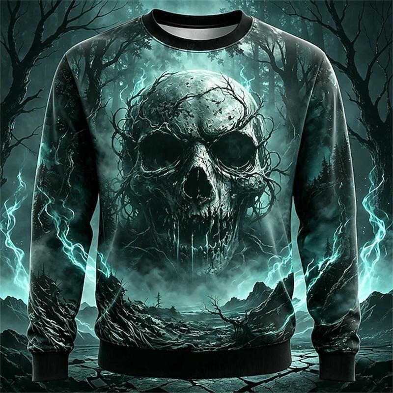 New Men's Round-Neck Halloween Long-Sleeve T-Shirt with Spooky Skull Print for Holiday Parties - Men's Top