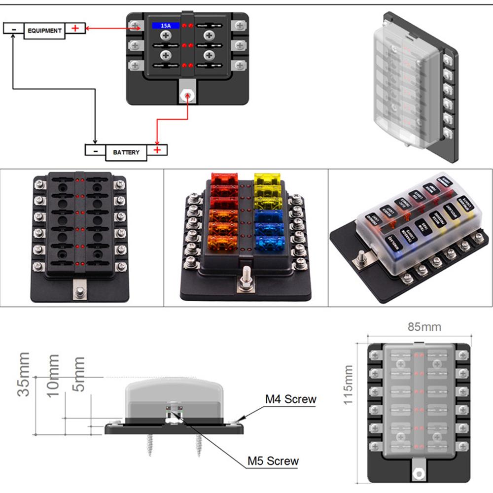 12/10/8/6 Wege Auto Flachsicherungshalter Sicherungskasten Modifizierter Klemmenblock Sicherung mit LED-Warnleuchte für Auto Boot Marine Trike 12V 24V